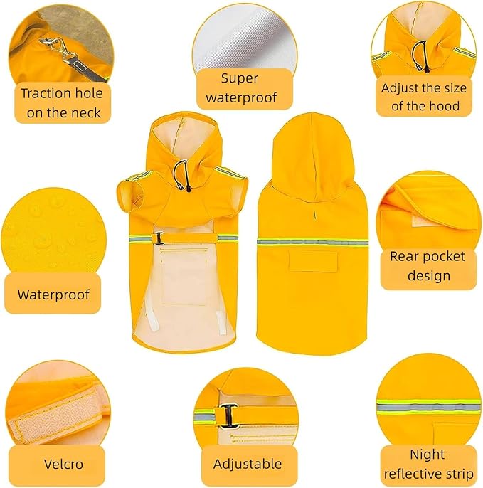 Reflective Strip Dog Raincoat, Ultra - Light Breathable Waterproof Rain Jacket with Hood, Adjustable Sizes for Small/Medium/Large Dogs, (S)