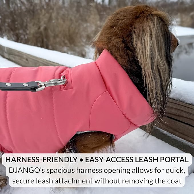 DJANGO Puffer Dog Coat – Warm Winter Dog Jacket & Water-Repellent Insulated Puffer Vest with Striped Lining, Harness Hole, Adjustable Fit for Small & Medium Dogs, Dachshunds – Rose Petal Pink, Small