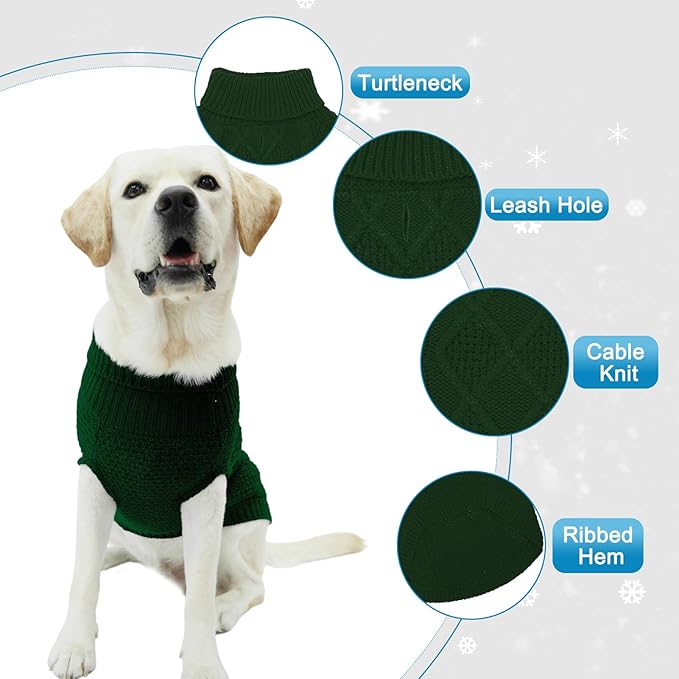 Mihachi Turtleneck Dog Sweater - Winter Coat Apparel Classic Cable Knit Clothes with Leash Hole for Cold Weather, Ideal Gift for Pet in New Year Army Green Medium