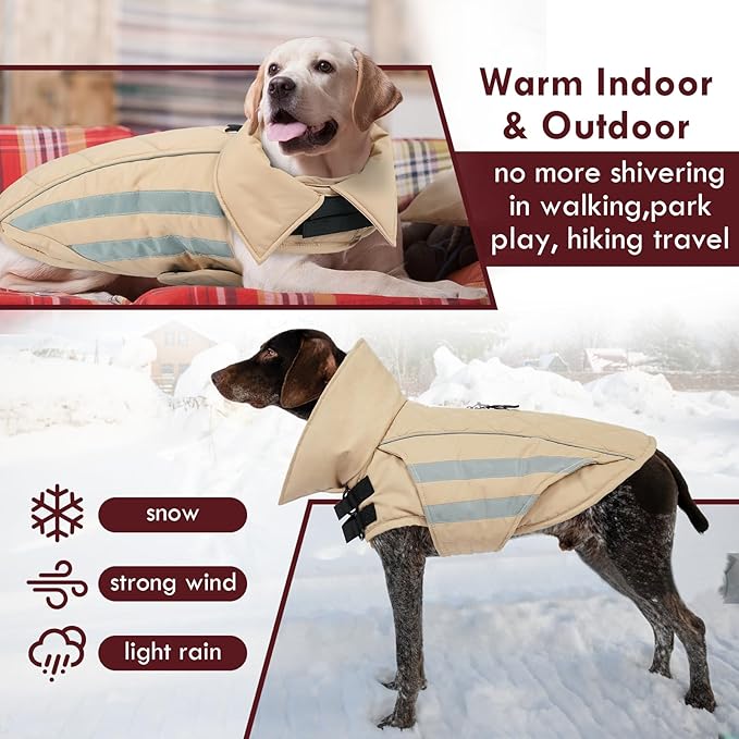 Dog Winter Coat Waterproof Dog Jacket with Harness Hole Reflective Windproof Fleece Snowsuit Turtleneck Hook & Loop Cold Weather Coats for Large Dogs Great Dane Doberman, Khaki 4XL