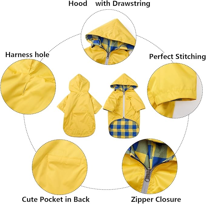 Dog Raincoat Dogs Waterproof Reversible rain Jacket Dog Small Medium Breeds Reflective Zipper Storage Pocket Harness Hole - Yellow - M