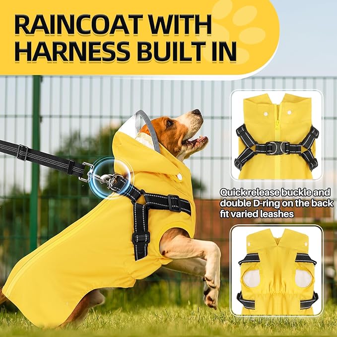 Lukovee Dog Raincoat - Waterproof Rain Jacket with Harness & Removable Hood, Reflective Double Layer Dog Rain Coat Poncho for Small Medium Large Dogs Puppy (S, Yellow)