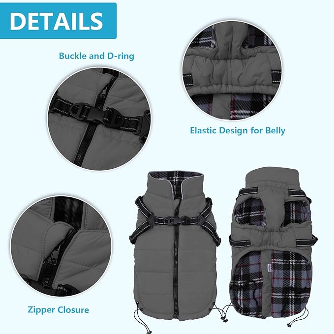 Geyecete Winter Warm Coat Waterproof Dog Jacket with Harness Traction Belt, Pet Outdoor Jacket Dog Autumn and Winter Clothes - Gray - XXL