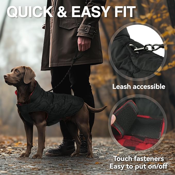 VIVAGLORY Softjoy Dog Coat, Dog Jacket for Winter & Christmas, Coat with Harness Hole & Velcro Closure, Reversible Plaid Checkered Warm Fluffy Heavy Duty for Puppy, XL, Red Black