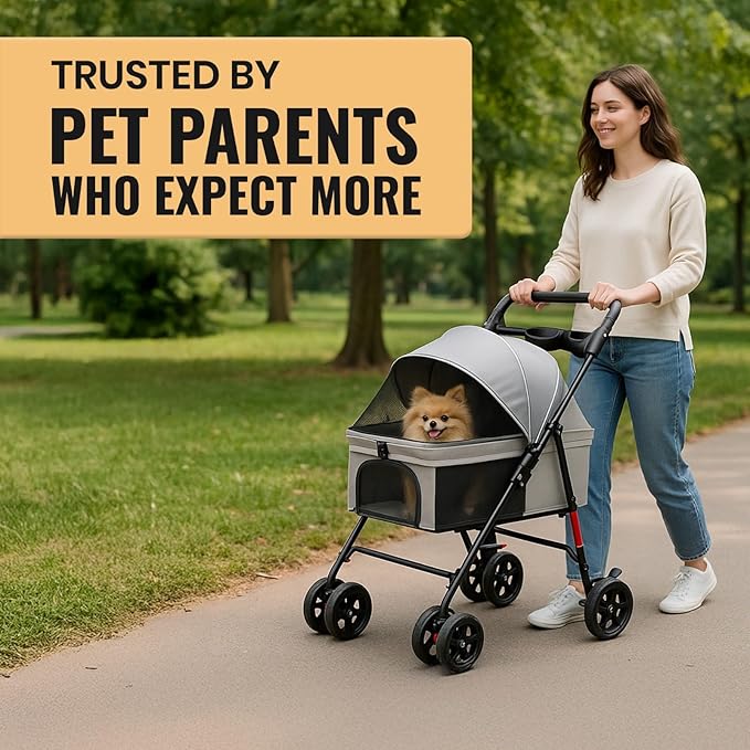 Luxe Haus 4 Wheel Foldable Pet Stroller - Lightweight Dogs and Cats Stroller Upto 44lbs with Mesh Canopy, Storage Basket and Cup Holder, Durable for Walks and Outings (Small)
