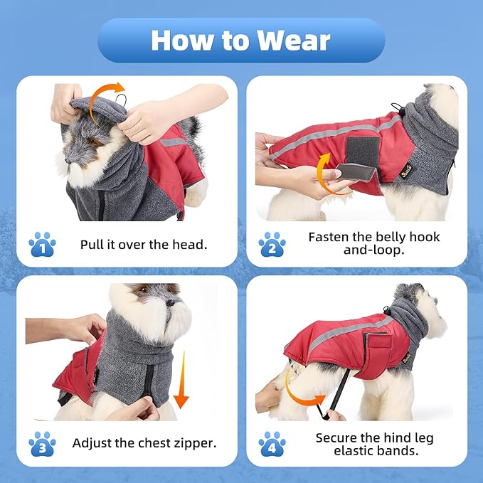SlowTon Winter Dog Coat, Warm Polar Fleece Lining Doggie Outdoor Jacket with Turtleneck Scarf Reflective Stripe Adjustable Waterproof Windproof Puppy Vest Soft Pet Outfits (M+,Red)