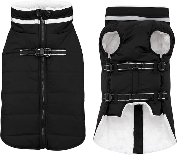 Large Dog Coat with Harness Built-in, Waterproof Reflective Fleece Lined - Warm Windproof Winter Jacket with Back Zipper, Cold Weather Snow Dog Coats - Black - 2XL