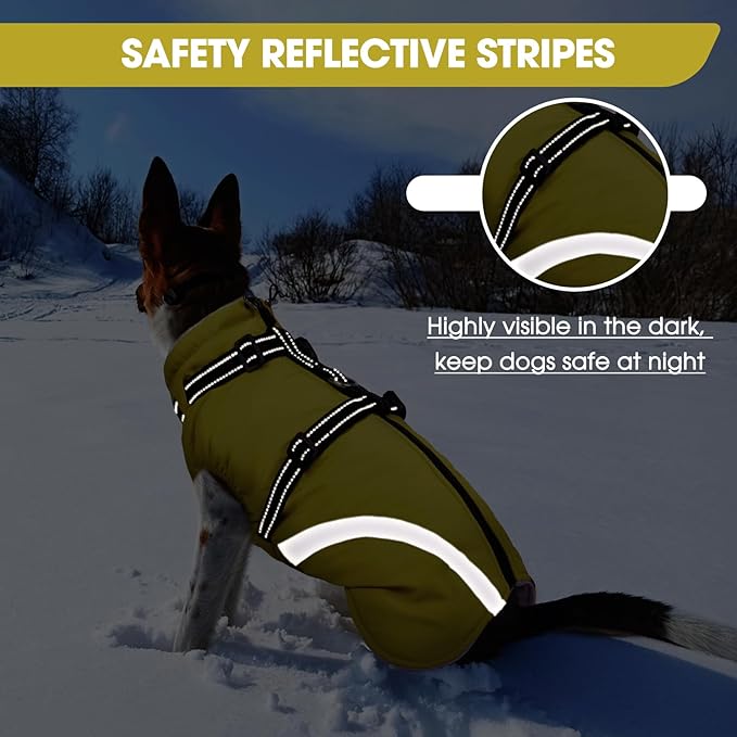 BRKURLEG Dog Winter Jackets for Small Dogs, Dog Coat with Harness Built in, Dogs Snowsuits with Zipper, Waterproof Windproof Pet Puffer Jacket Fleece Vest for Chihuahua, Yorkie, Green XS