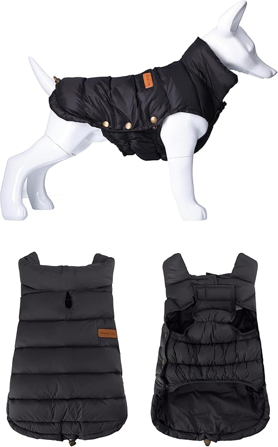 SPACE LION Dog Puffer Jacket, Down Winter Coat, Durable Outdoor Coat for Cold and Windy Conditions, Waterproof, Lightweight Jacket, Adjustable Fit for Small, Medium, Large Dogs(Black,24/2XL)