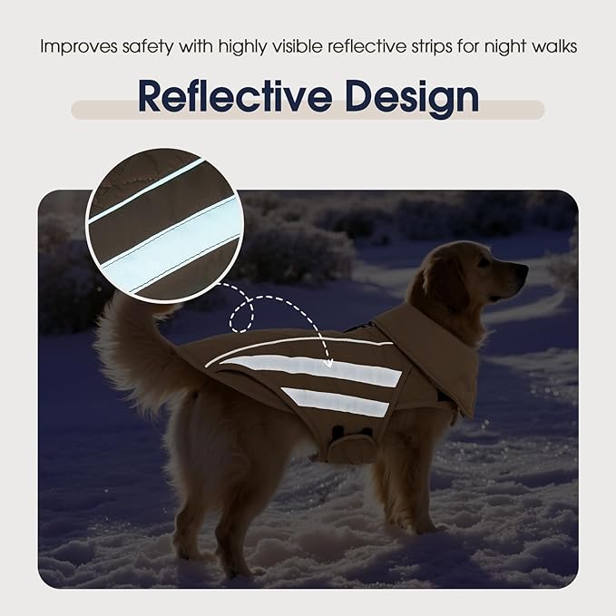 IECOii Dog Coat for Winter - Waterproof & Windproof, Adjustable & Reflective Jackets, Thermal Jacket for Camping, Climbing, Jogging, Khaki, Sizes XXXL