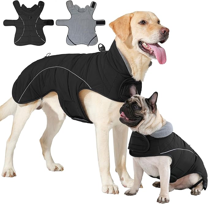 HEYWEAN Dog Winter Coat - Waterproof Windproof Reflective Vest for Medium & Large Breeds Adjustable Warm FleeceLined Jacket with Magic Tape & D-Ring for Leash Cold Weather Apparel (Black, XX-Large)