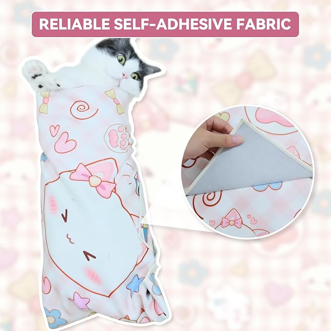 Cat Grooming Wrap for Cutting Nails, 31.5" Anti-Escape Calming Cat Swaddle Wrap for Medicine, Nail Clipping, Teeth Brushing, Ear Cleaning, Self-Adherent Burrito Restraint, (Happy Kitty, XL)