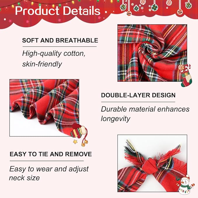 Vivifying Dog Christmas Bandana with Tassels Edges, 2 Pack Classic Plaid Triangle Pet Apparel & Accessories, Funny Holiday Dog Scarf Costume for Photo Prop, and Party Decor (Small, Red&Green)