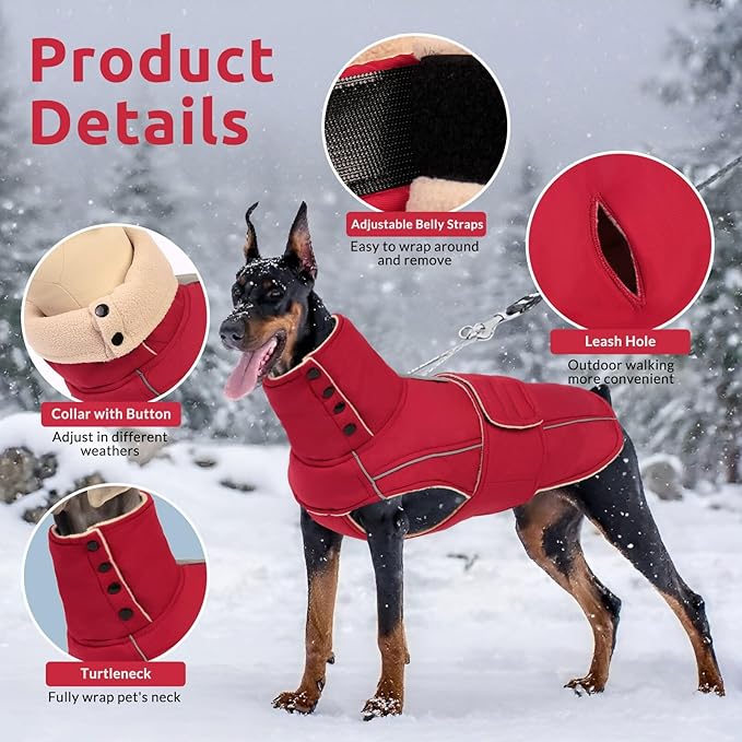 ASENKU Warm Dog Coat, Waterproof Dog Jackets for Large Dogs with Reflective Fleece Vest Turtleneck with Button,Windproof Cold Weather Coats for Small Medium Large Dogs, Dark Red, 2XL