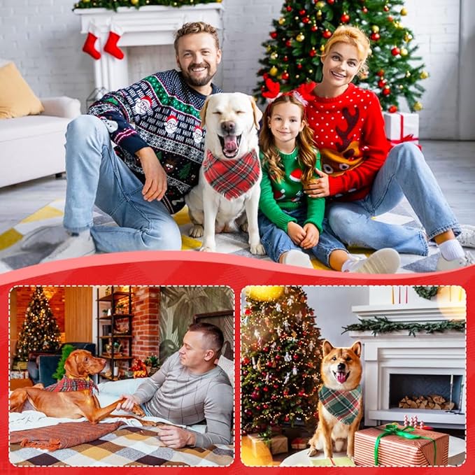 Vivifying Dog Christmas Bandana with Tassels Edges, 2 Pack Classic Plaid Triangle Dog Apparel & Accessories, Funny Holiday Pet Scarf Costume for Photo Prop, and Party Decor (Large, Red&Green)