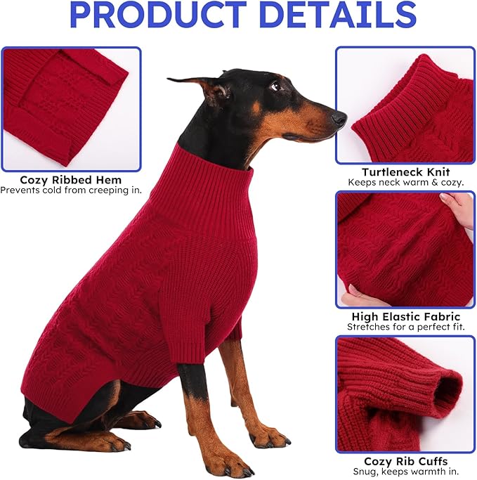 ASENKU XXXXL Dog Sweaters for Large Dog Girls Boys, Pullover Turtleneck Knitted Big Doggie Sweatershirt for Female Male, Doberman Great Dane Sweater for Extra-Large Breed Dogs, Red 4XL