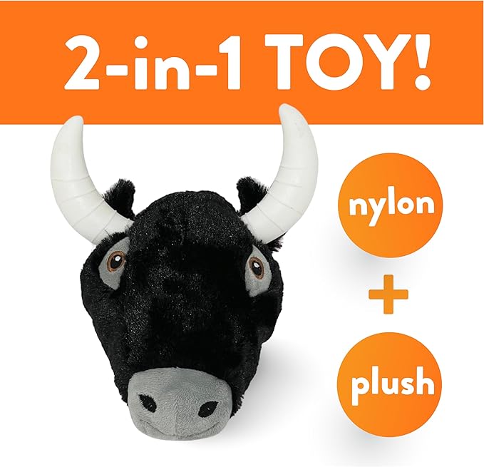 Spunky pup Knucklehead Durable Dog Toy - 2-in-1 Plush & Chew Toy for Aggressive Chewers, Chicken-Flavored Dental Chew, Durable Double-Stitched Squeaker- Bull