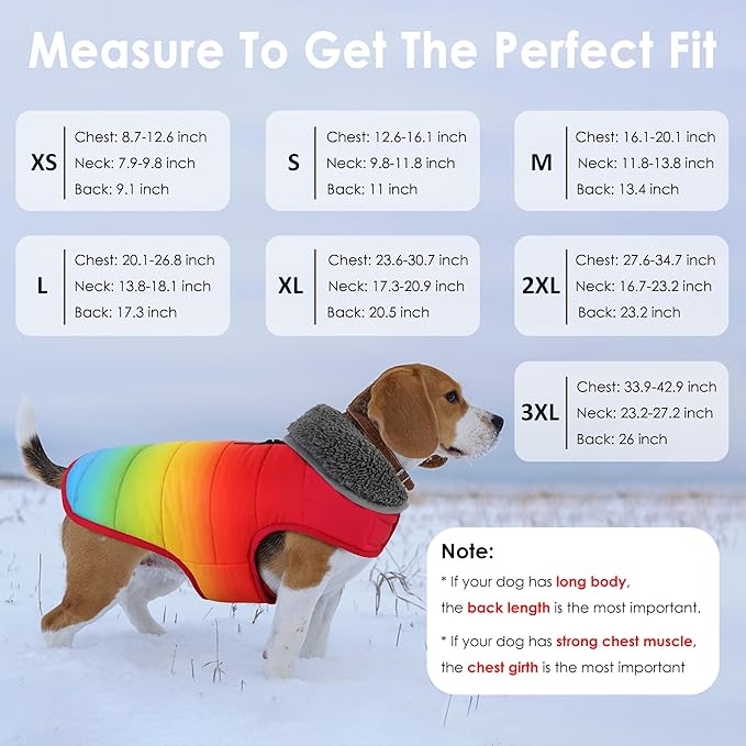 Dog Winter Coat, Waterproof Dog Jacket with Leash Hole, Reflective Adjustable Pet Snow Vest, Warm Fleece Sweater for Small Medium Large Dogs - Rainbow, S