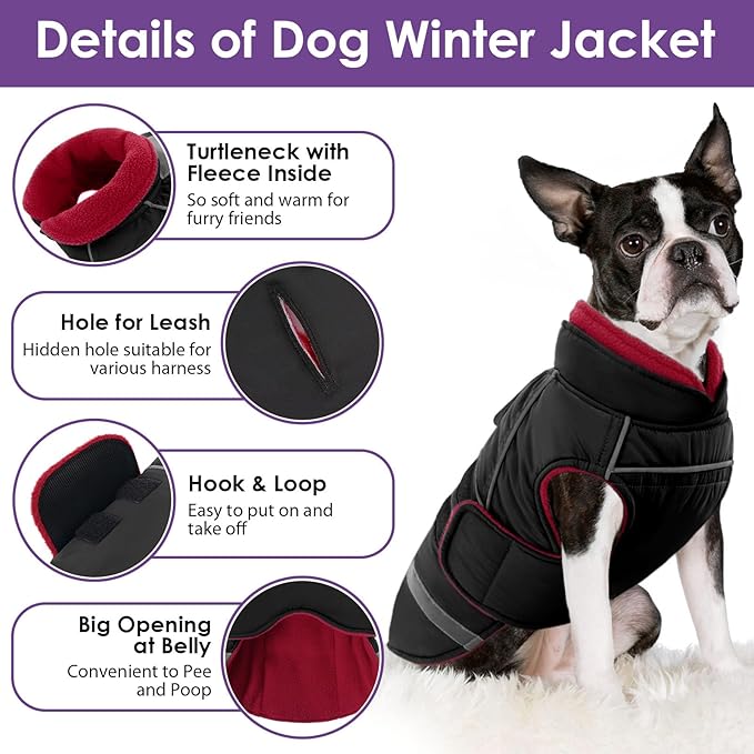 SUNFURA Dog Coats for Medium Dogs, Dog Winter Coat with Fleece Lining for Cold Weather, Warm Dogs Puffer Jacket Reflective Snowsuit with Leash Hole for Jack Russel, Boston Terrier, Black M