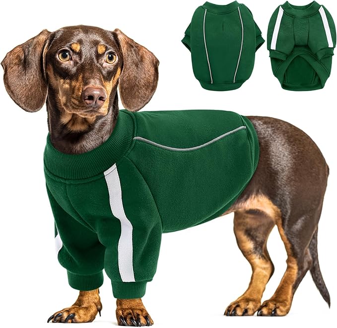 Queenmore Large Christmas Dog Sweater, Cozy Fleece Dog Sweatshirt, Warm Winter Fleece Jacket for Small, Medium & Large Dogs with Leash Hole/Reflective Stripes Green