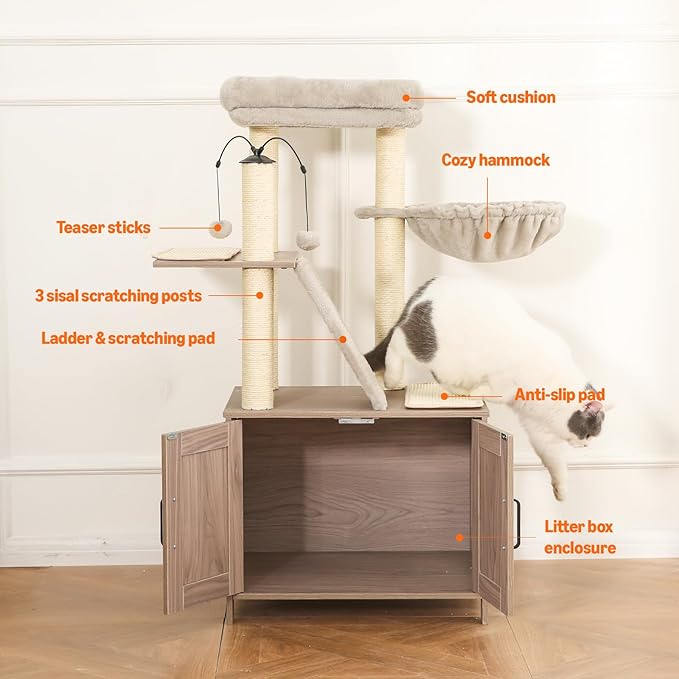 Amazon Basics Furniture Style Cat Tree with Litter Box Enclosure, Cat Tree with Scratching Posts, Sisal Pad, Cozy Perch and Hammock