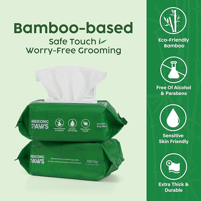 Pet Grooming Wipes - Natural & Organic Bamboo Base - Calming Lavender Scented - Freshening Dog Cat - Gentle on Sensitive Skin - Thick & Durable for Paw Coat & Bum Cleansing - 400 Count