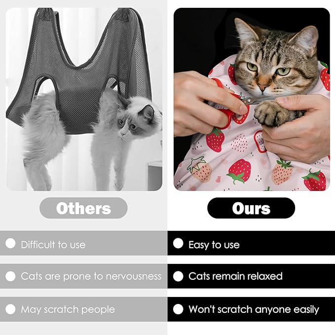 27.6" Cat Grooming Wrap, Self Adhesive Cat Wrap for Cutting Nails, Anti-Escape Cat Swaddle Wrap for Medicine Ear Cleaning, Strawberry Anti-Scratch Cats Burrito Restraint Blanket, Pet Tool (6-10 lbs)