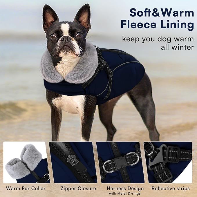 Queenmore Dog Jackets for Large Dogs,Dog Coat with Harness Built in,Waterproof Dogs Coats with Zipper On Back,Warm Fleece Lining Cold Weather Pet Coats with Furry Collar for Labrador,NavyBlue,XL