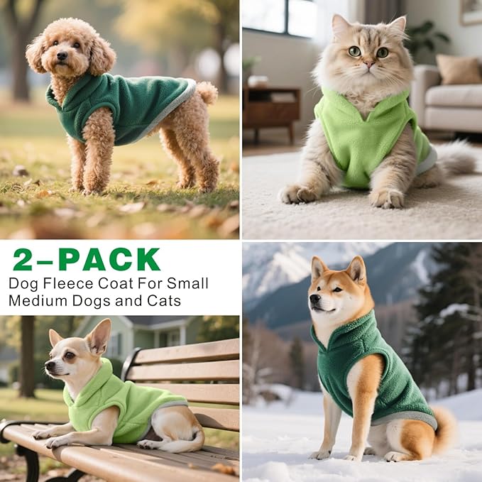 Idepet 2 Pack Dog Fleece Vest Sweater Warm Pullover Jacket with D-Ring Leash Reflective Winter Coat Hoodie for French Bulldog Pug Chihuahuas Yorkies Dachshunds(Dark Green&Grass Green,Large)
