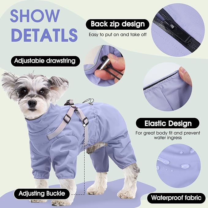 BRKURLEG Dog Raincoat for Small Dogs, Small Dog Rain Jacket with Harness Built in, Waterproof 4 Legs Puppy Raincoats, Puppy Outdoor Jacket with Reflective Strip, Purple, M