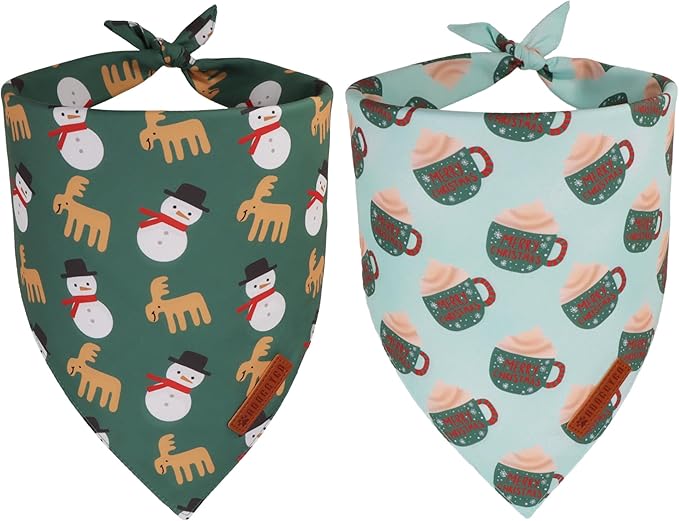 ADOGGYGO Green Christmas Dog Bandana, Snowman Reindeer Mug Pet Scarf, Adjustable Fit Merry Christmas Bandanas for Medium Large Dogs (Large)