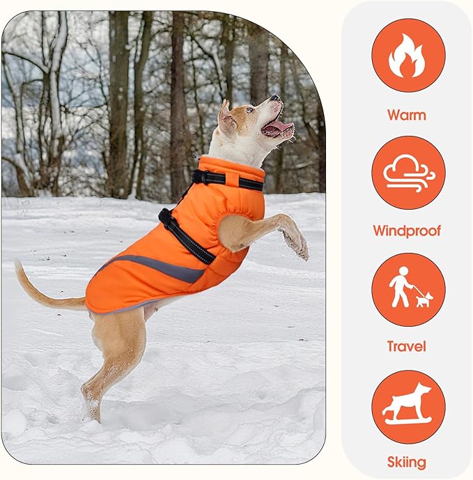 BRKURLEG Dog Winter Jackets for Small Dogs, Dog Coat with Harness Built in, Dogs Snowsuits with Zipper, Waterproof Windproof Pet Puffer Jacket Fleece Vest for Chihuahua, Yorkie, Orange XS