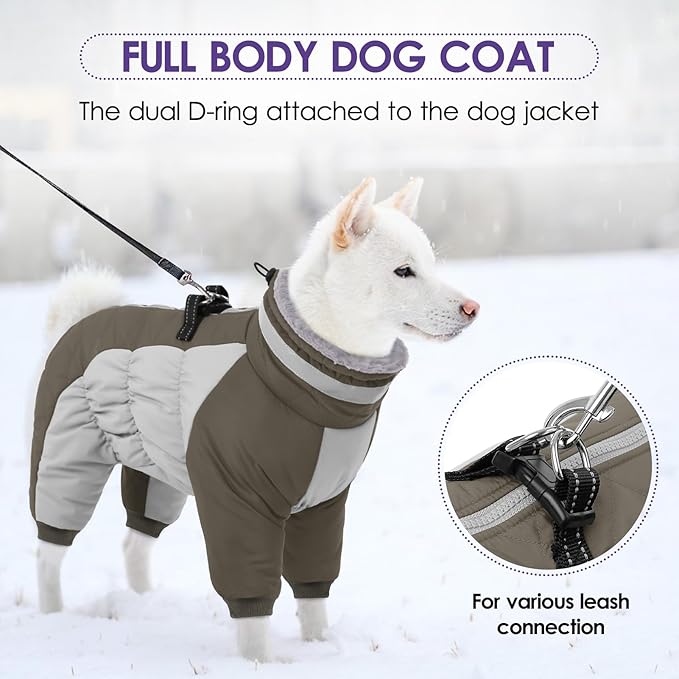 SUNFURA Full Body Dog Coat - Warm Fleece Jacket for Large Dogs, Turtleneck Winter Coats with Harness, Reflective Dog Snowsuit Windproof Puffer Jackets with Legs for French Bulldog, Army Green L
