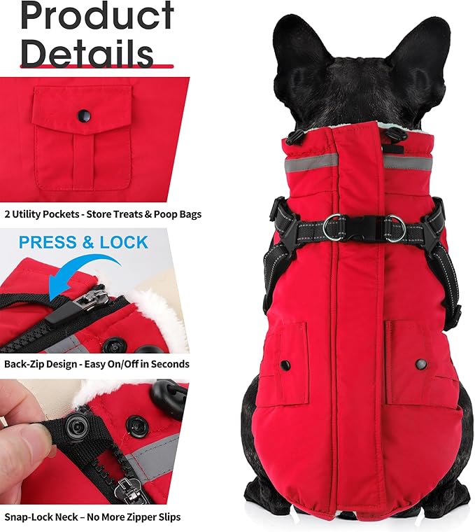 Dogcheer Dog Coat with Harness, Waterproof Warm Dog Winter Jacket with Pockets, Reflective Pet Fleece Jacket Turtleneck Snowsuit for Small Medium Large Dogs - Red, 2XL