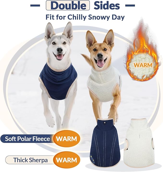 ROZKITCH Reversible Fleece Dog Jacket, Super Warm Sherpa Sweater with Leash Hole & Embroidery, Adjustable Double-Sided Plush Vest for Medium Breeds Outdoor Indoor DarkBlue L