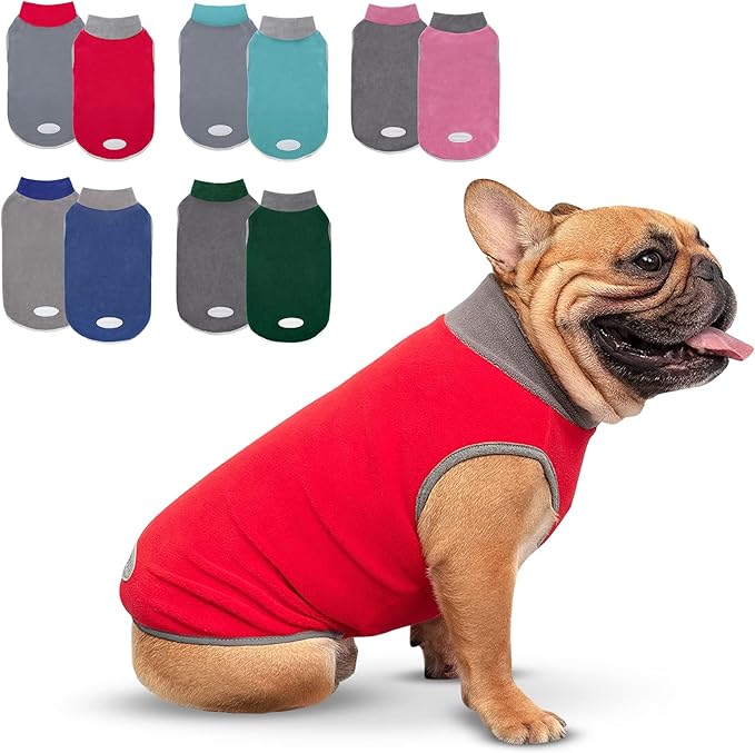 cyeollo 2 Pack Dog Fleece Sweater Stretchy Sweatshirt with Reflective Stripe Pullover Soft Jacket Pet Clothes Dog Sweaters for Small Dogs Cats Grey & Red