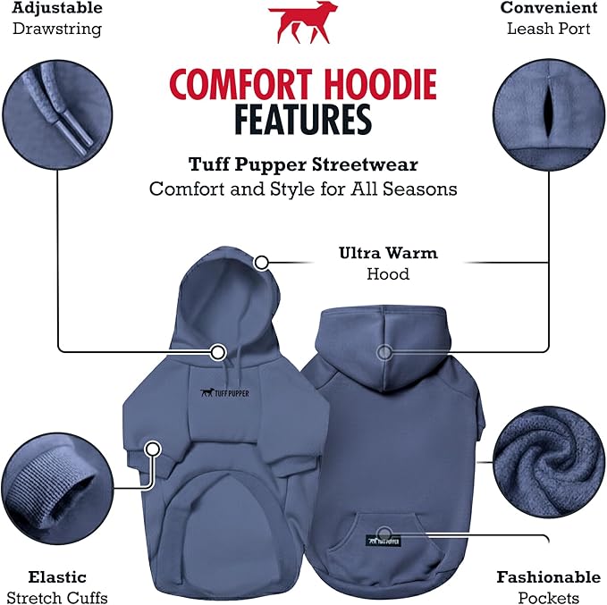 Tuff Pupper Dog Hoodie | Premium Quality 100% Organic Cotton | Ultra Soft Interior for Superior Comfort | Elastic Cuffs & Drawstring for Warmth | Stretch Fit Suitable for All Breeds (Blue, XS)