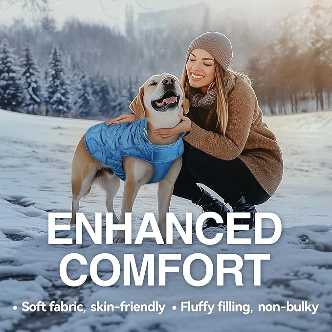 VIVAGLORY Softjoy Dog Coat, Dog Jacket for Winter & Christmas, Coat with Harness Hole & Velcro Closure, Reversible Plaid Checkered Warm Fluffy Heavy Duty for Puppy, XL, Blue