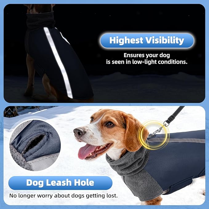 SlowTon Winter Dog Coat, Warm Polar Fleece Lining Doggie Outdoor Jacket with Turtleneck Scarf Reflective Stripe Adjustable Waterproof Windproof Puppy Vest Soft Pet Outfits (XL,Dark Blue)