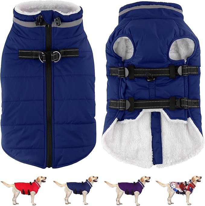 Dogcheer Dog Coat, Waterproof Dog Jacket with Harness, Reflective Adjustable Puppy Winter Coat with Zipper, Christmas Snow Jacket Clothes for Small Medium Large Dogs - Blue XL