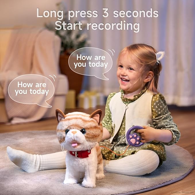 OR OR TU Walking Talking Toy Cat with Remote Control Leash, Plush Pet Electronic Interactive Toys for Kids, Wag Tail, Singing, Pretend Dress Up Realistic Stuffed Cat Age 3 4 5+ Years Old Best Gift