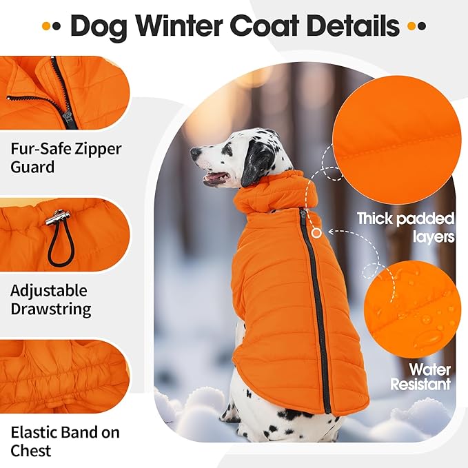Dog Coat for Large Dogs, Dogs Snow Jacket with Back Zipper, Winter Warm Dog Puffer Vest with Detachable Neck Wrap, Winter Pet Clothes Elastic Band on Chest for Springer, Dalmatian, Orange L