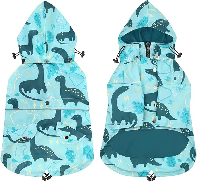 HDE Dog Raincoat Poncho Double Layer Zip Rain Jacket with Removable Hood, Leash Hole for Small to 3XL Dogs and Puppies Dinosaurs - 3XL
