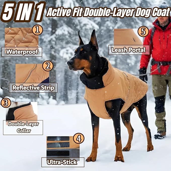 Outdoor Classic Quilted Upgraded Dog Winter Coat, Waterproof & Ultra Warmth Coats for Large Dogs, Lightweight Jackets Adjustable, Pet Turtleneck Snowsuit for Labrador Dalmatian(Khaki, 2XL)
