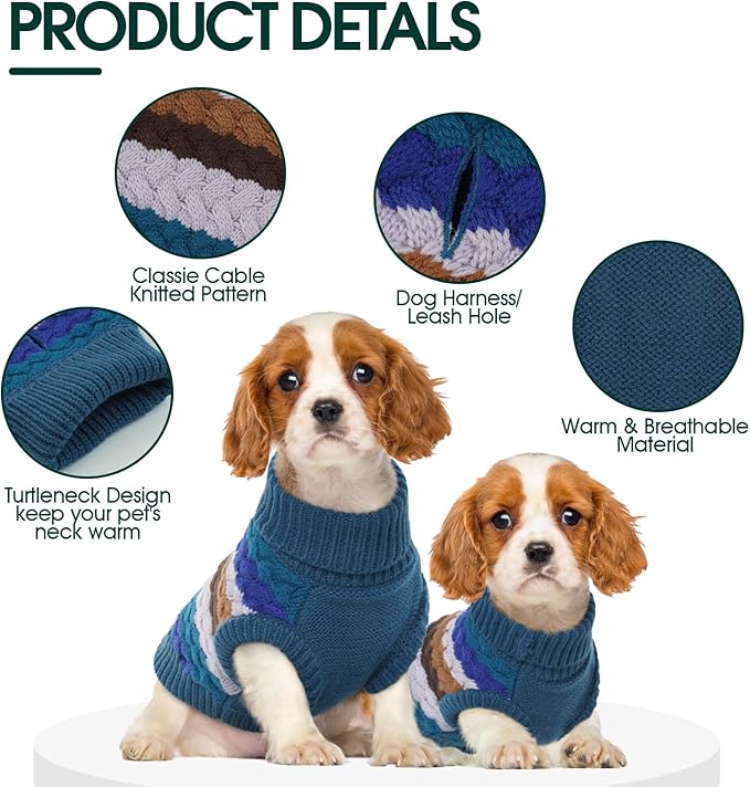 Kuoser Dog Sweater, Large Sweaters for Dog Girls Boys Christmas Thanksgiving Outfit, Thick Fall Winter Cable Knitwear, Pet Sweatshirt Warm Clothes Turtleneck Pullover, Blue L