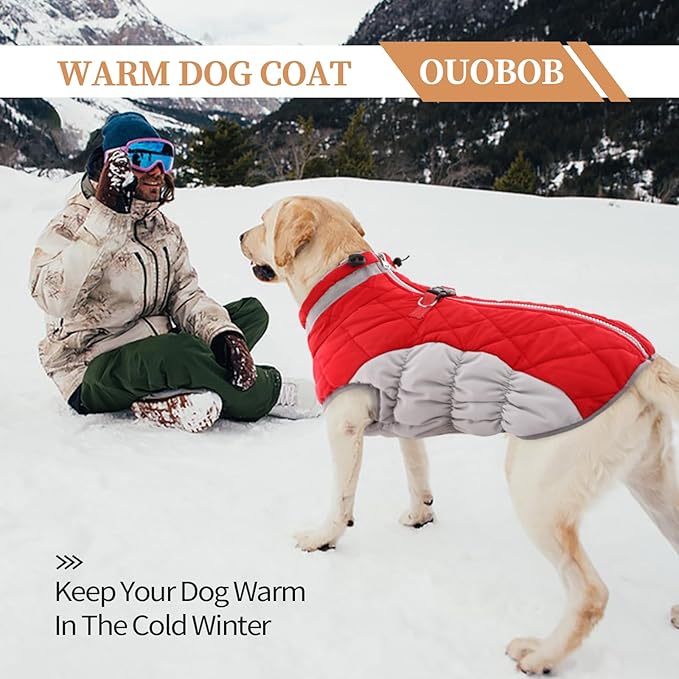 Winter Dog Coat,Large Dog Jacket,Waterproof Pet Jacket with Back Zipper,Pet Coat with Harness Built in,Warm Dogs Coat with Fleece Lined, Snow Jacket Clothes French Bulldog Shiba Inu,Red,L