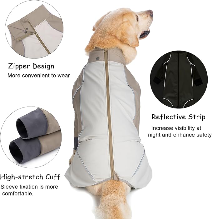 Dog Full Body Winter Coat, Waterproof Fleece Jacket for Small Medium Large Dogs Reflective Snowsuit with Zipper for Outdoor Skating (Beige, 3XL(Weight 33-53 lbs))