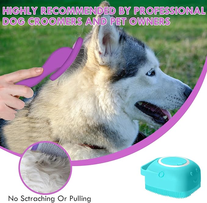 Long Pin Dog Slicker Brush for Long Haired Dogs, Removes Loose Hair, Tangles and Knots, Professional Pet Grooming Kit, Purple