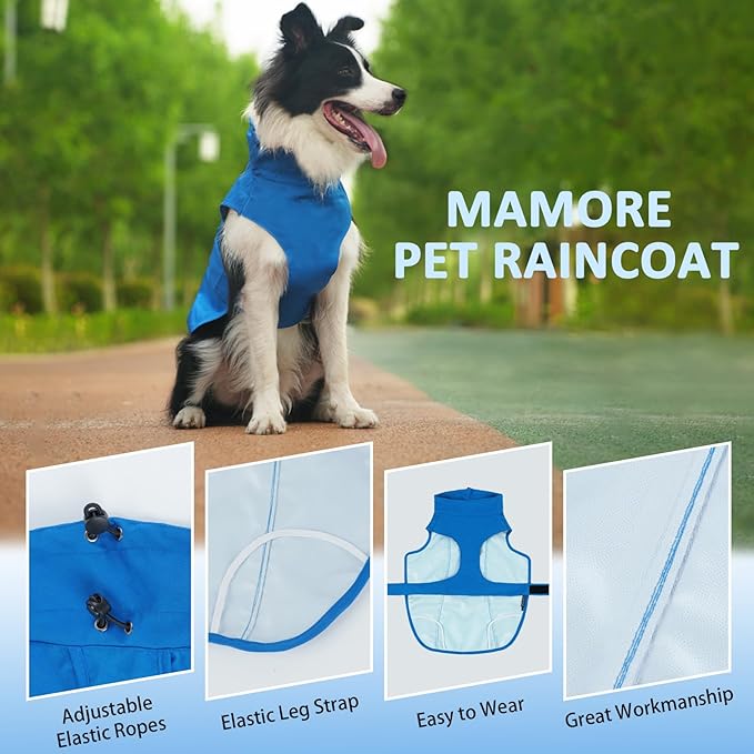 Waterproof Dog Raincoat, Adjustable Lightweight Dog Rain Jacket with Reflective Strip Leash Hole for Small Medium Large Dogs (Blue, Medium(13-22lb))