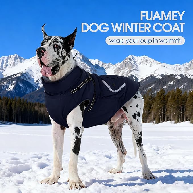 FUAMEY Winter Coat for Dogs Fleece Lined, Extra Large Cozy Dog Jacket with Harness, Turtleneck Doggy Warm Clothes Cold Weather Snow Outfits Reflective Strips, Beagle, Corgi (Dark Blue, XL)